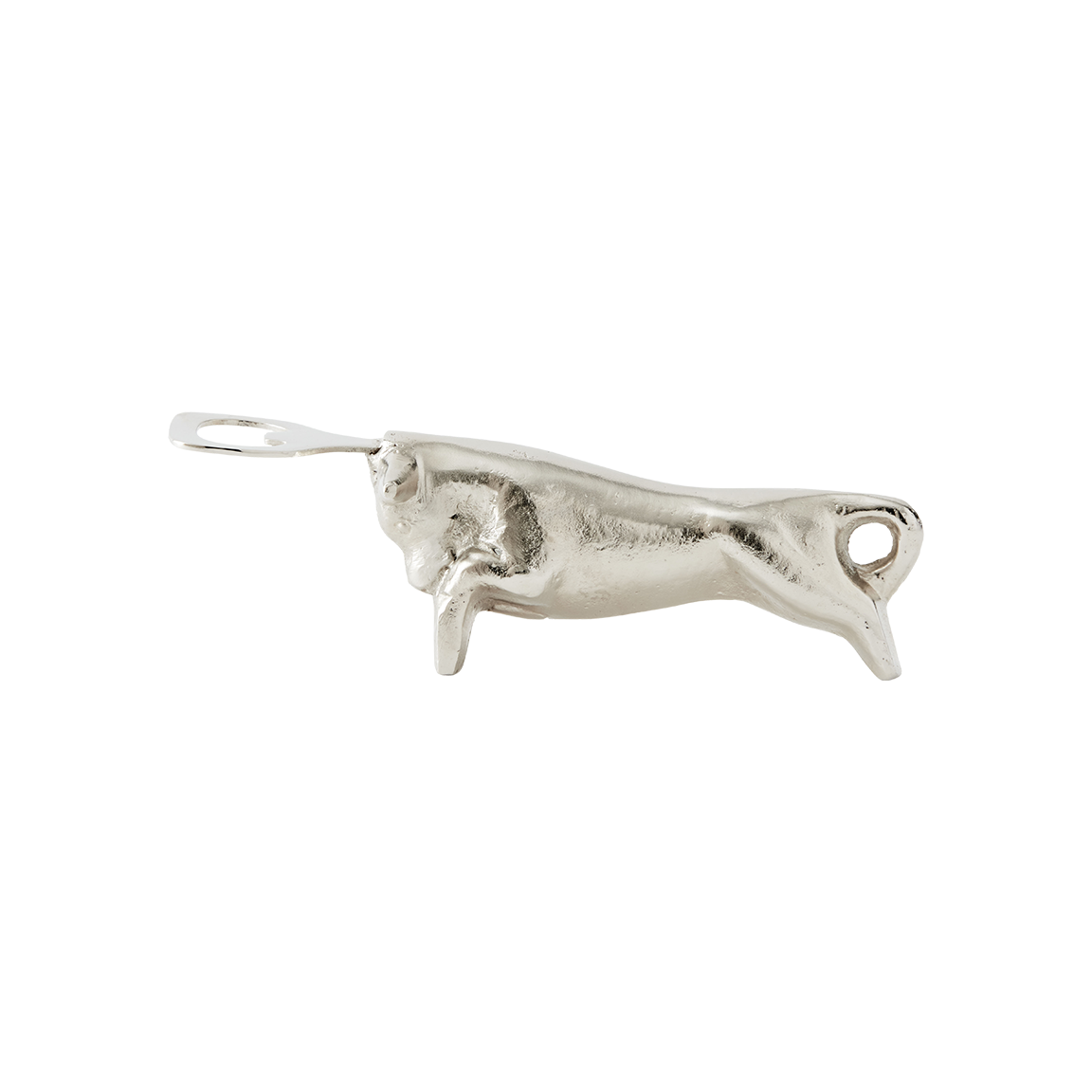 A nickel plated iron cast longhorn with stainless steel bottle opener.