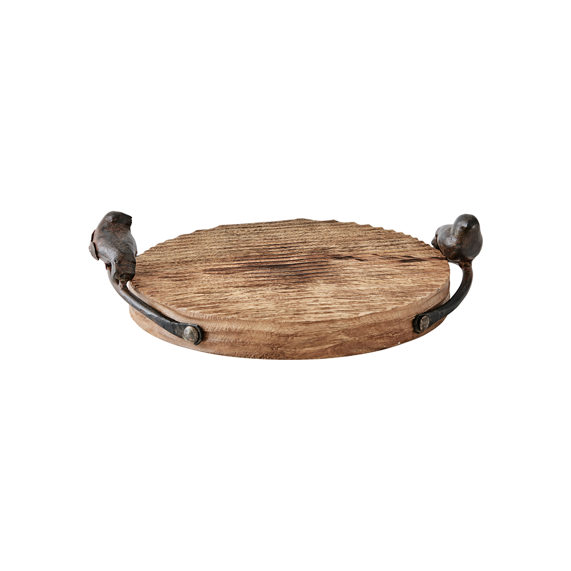 A rough-hewn round cutting board with cast iron bird handles.