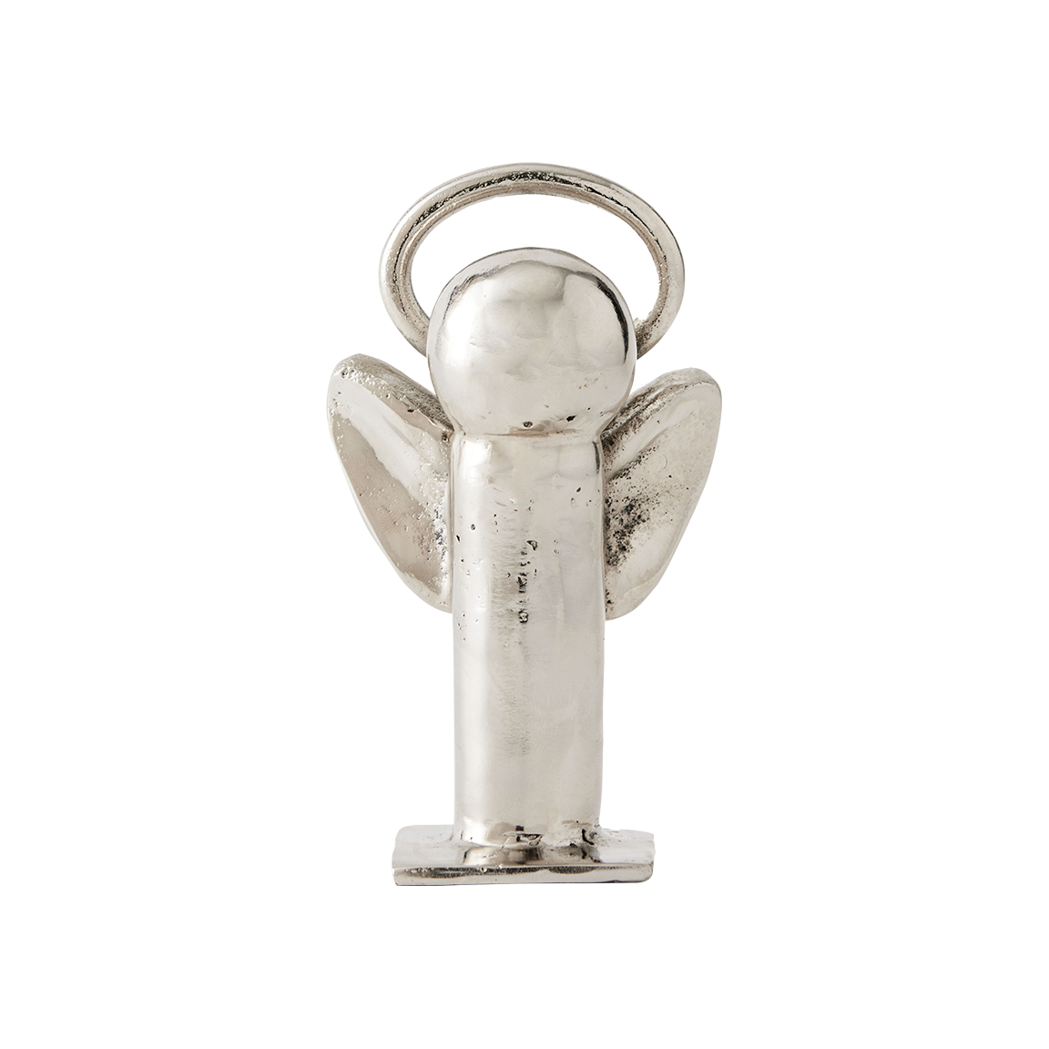A mini angel plated in nickel with halo on a square base.
