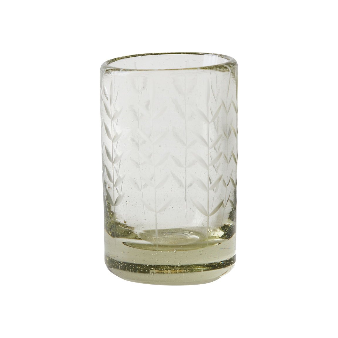 Small mouth blown glass with vertical laurel branches.