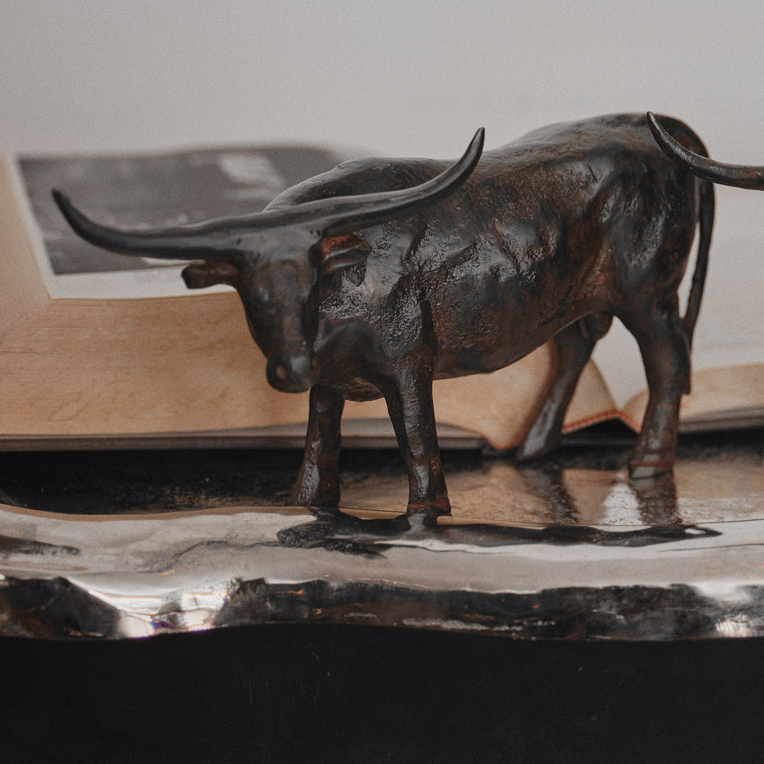 A longhorn bull iron sculpture on top of a silver surface and a opened book behind it.