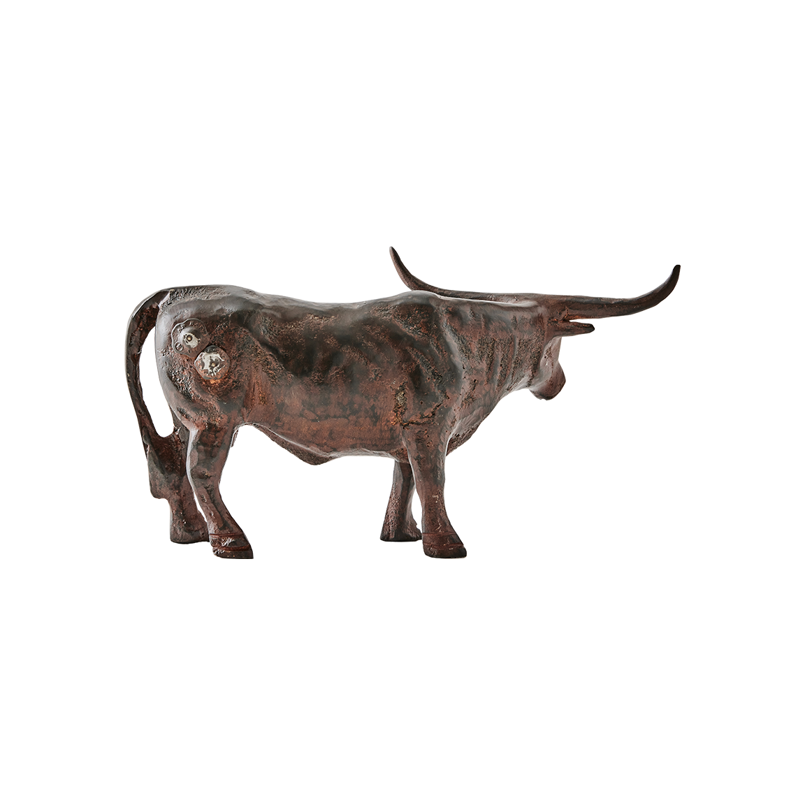 A longhorn bull iron sculpture seen from th other side.
