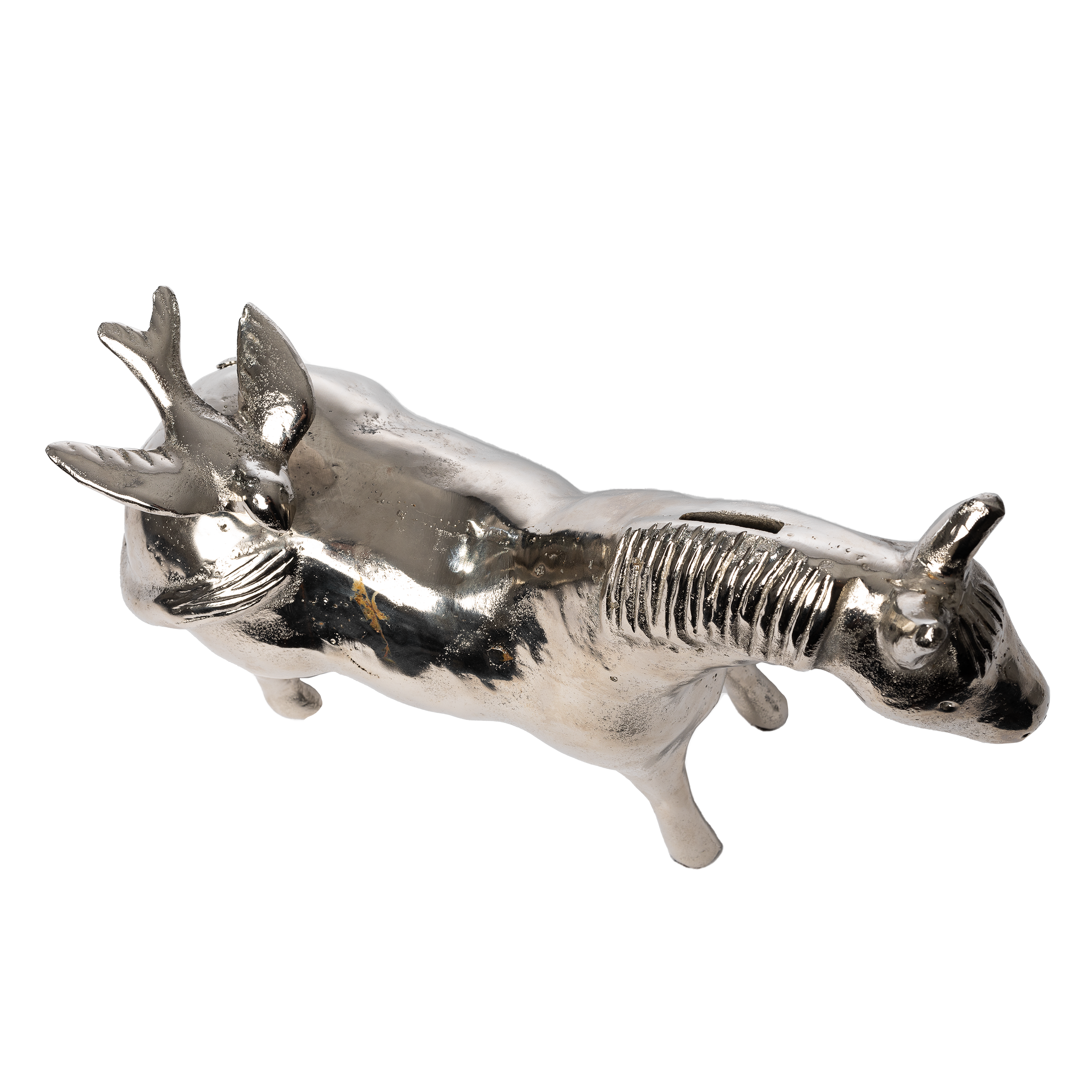 A nickel horse bank with a bird on its back. Top view.