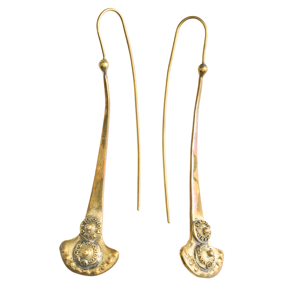 Two bronze hook earrings. The bottom of the earrings have a half circle or open fan shape. Each earring has two seals.