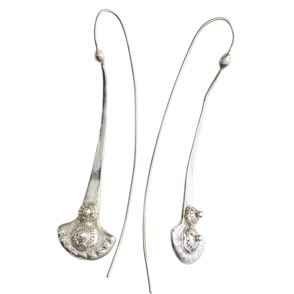 Two silver hook earrings. The bottom of the earrings have a half circle or open fan shape. Each earring has two seals.