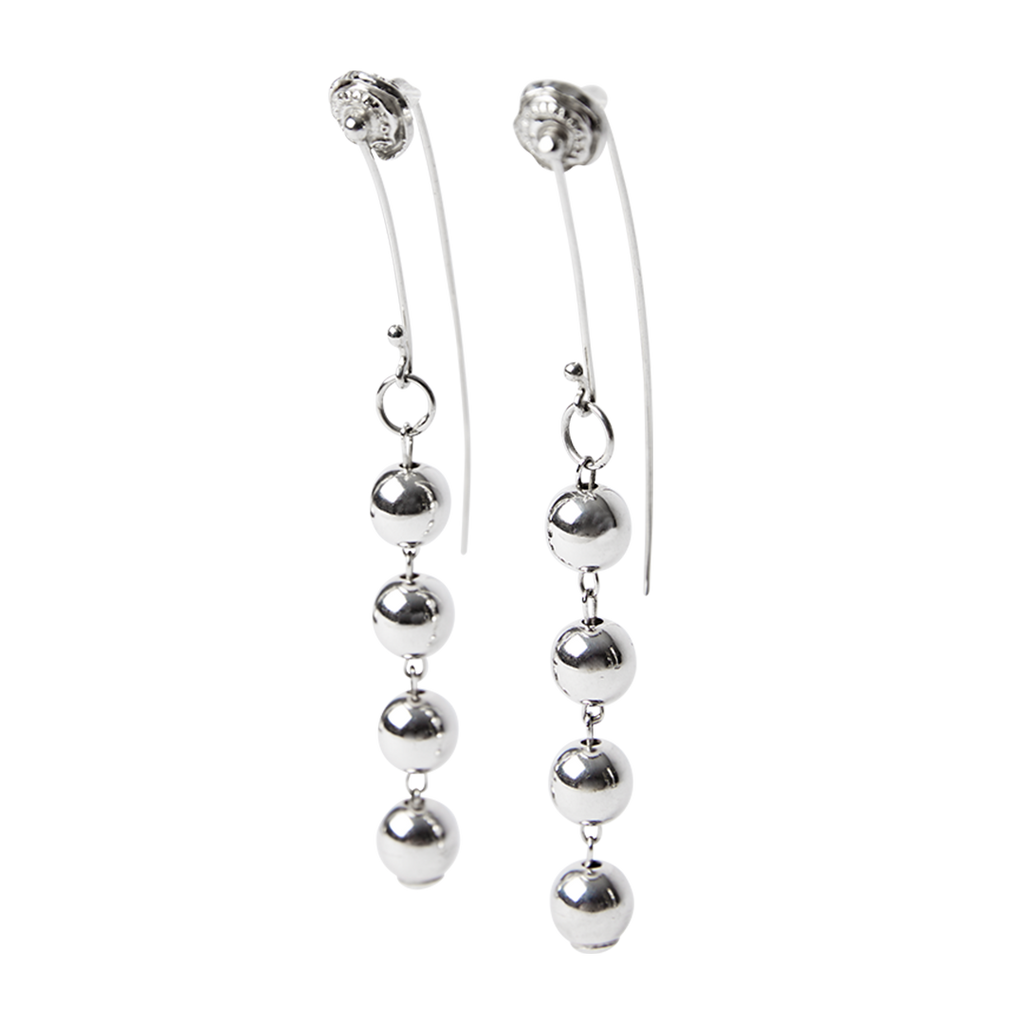 Two silver earrings with a hook and several silver beads.