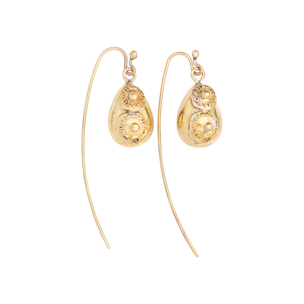  Two hook earrings. Each one holding an egg shaped bronze design with two seals each.