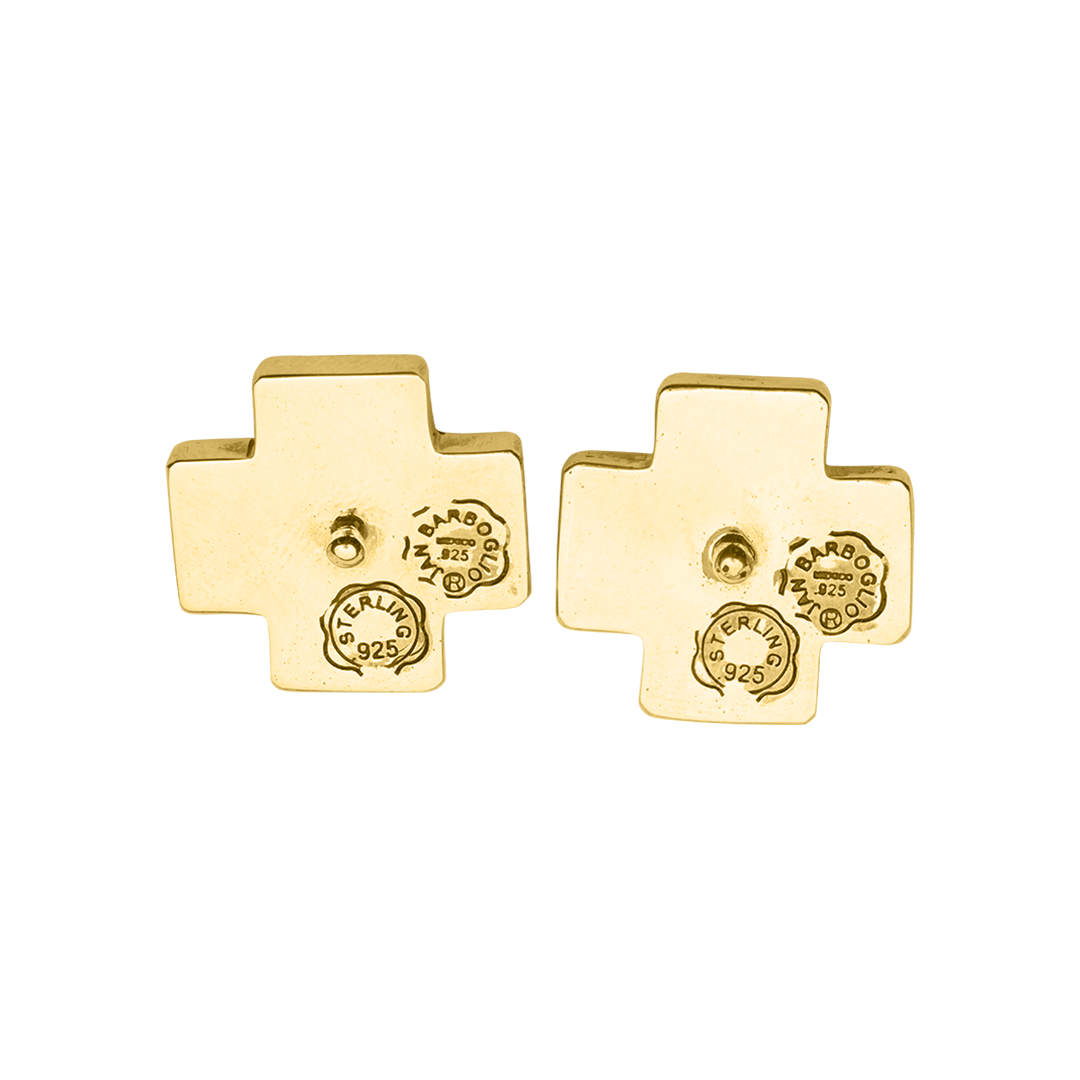 Two gold cross earrings with two engraved circular shapes and a stud in the center.