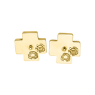 Two gold cross earrings with two engraved circular shapes and a stud in the center.