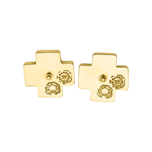 Two gold cross earrings with two engraved circular shapes and a stud in the center.