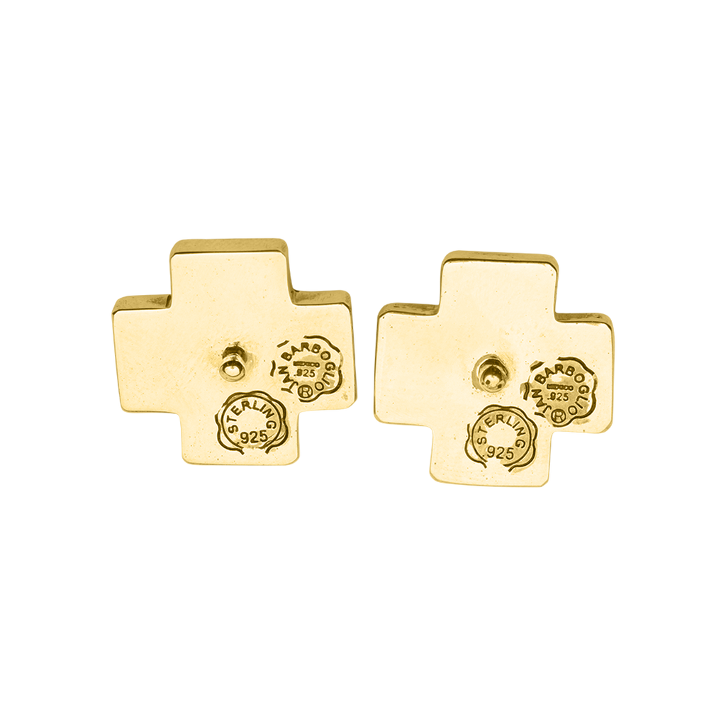 Two gold cross earrings with two engraved circular shapes and a stud in the center.