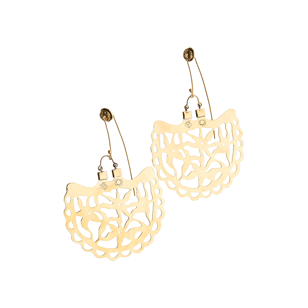Bronze/ gold color hook earrings with an intricate pattern.