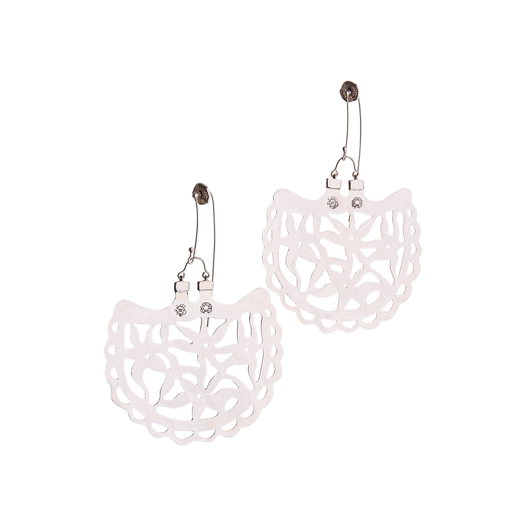 Sterling silver  hook earrings with an intricate pattern resembling an open fan.