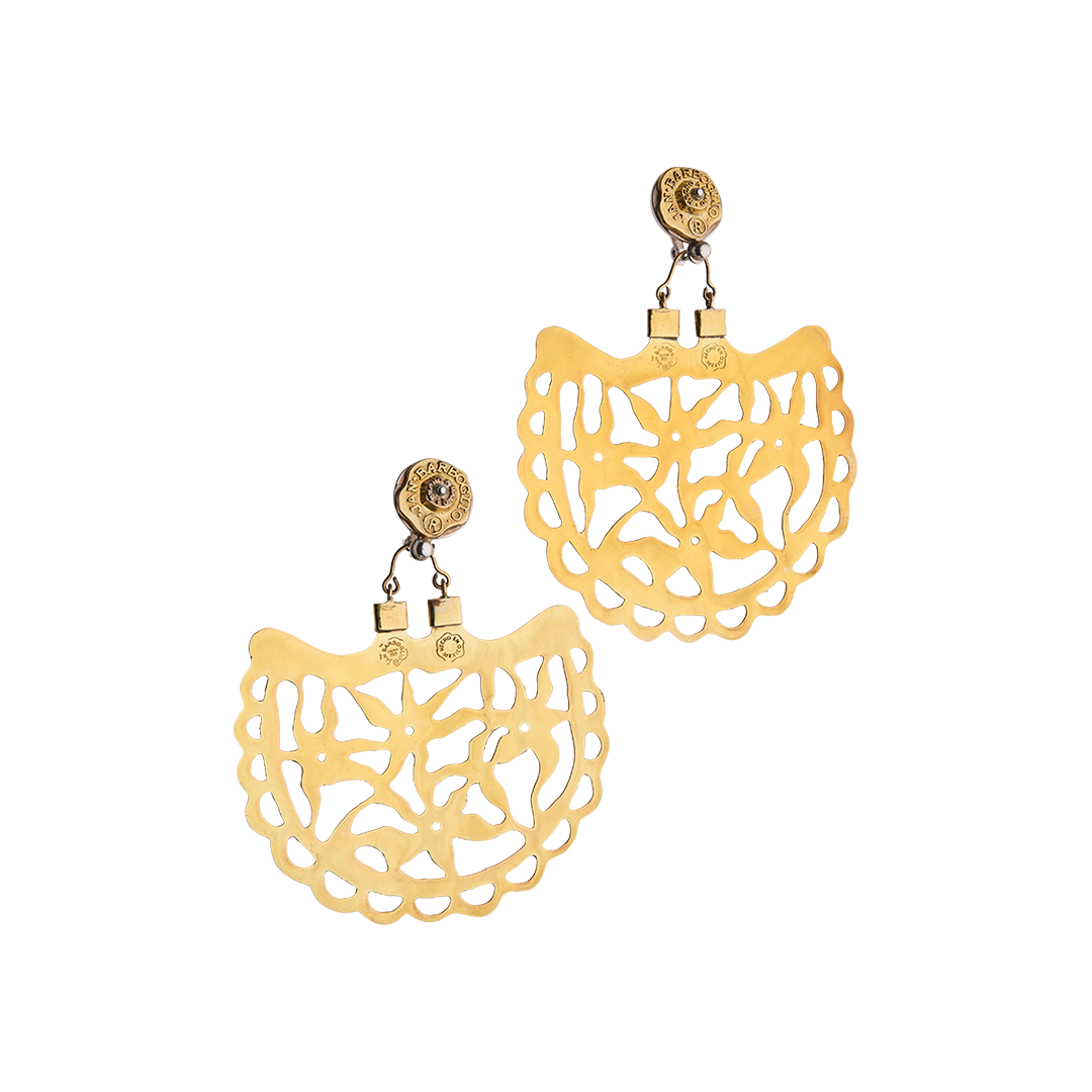 Bronze earrings. Gold color. Earrings resemble an open fan in shape with an intricate pattern resembling stars. On top of the intricate pattern is a seal with the designer's name.