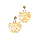 Bronze earrings. Gold color. Earrings resemble an open fan in shape with an intricate pattern resembling stars. On top of the intricate pattern is a seal with the designer's name.
