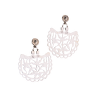 Sterling silver earrings resemble an open fan in shape with an intricate pattern resembling stars. On top of the intricate pattern is a seal with the designer's name.