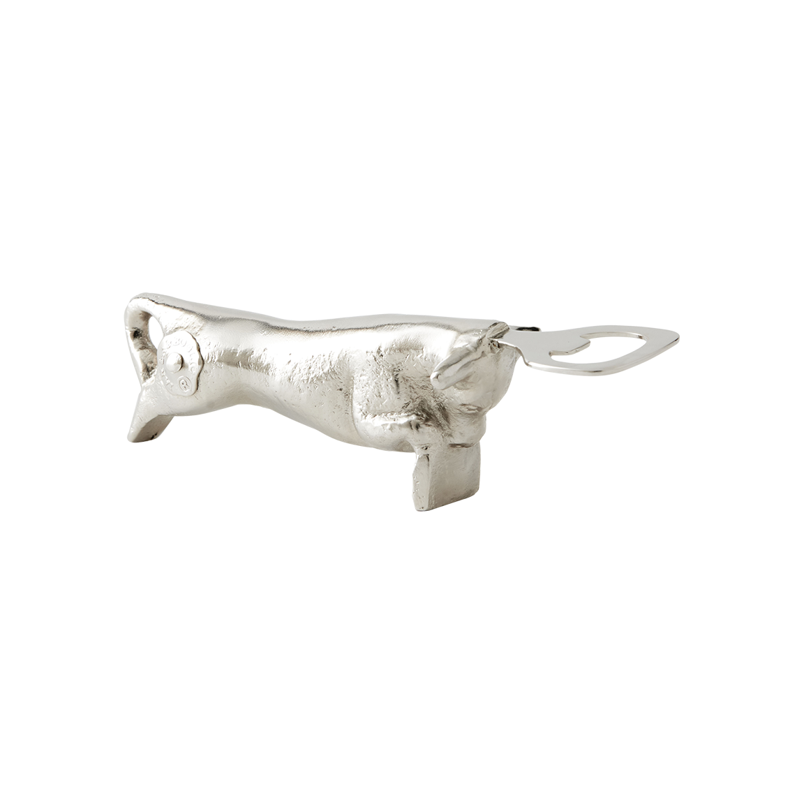A nickel plated iron cast longhorn with stainless steel bottle opener looking to its right.