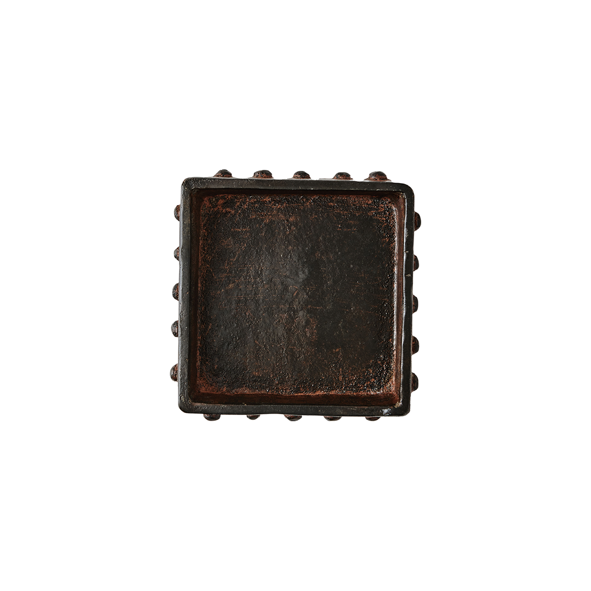 Wax cast iron square napkin holder with beaded detail trim. Top view.