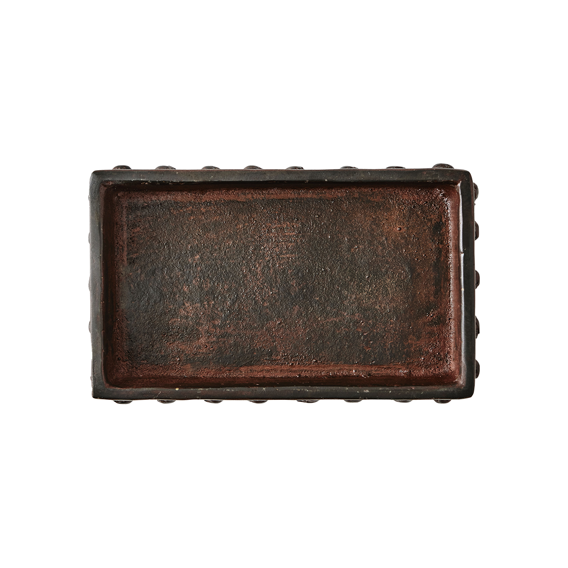 Wax cast iron rectangle napkin holder with beaded detail trim. Top view.