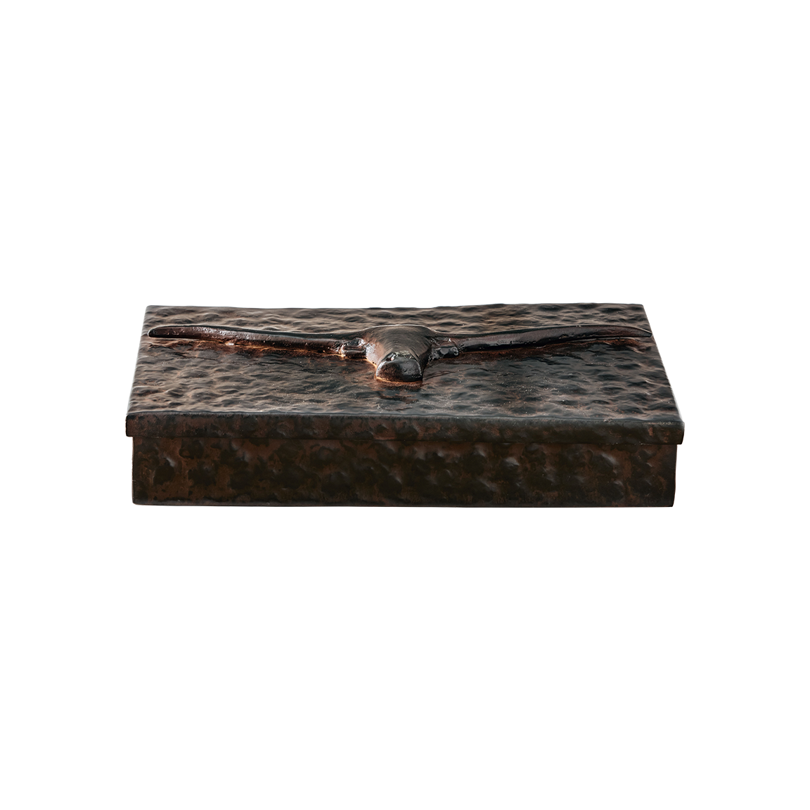 A hammered iron box with a  iron longhorn figure on top. 