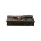 A hammered iron box with a  iron longhorn figure on top. 