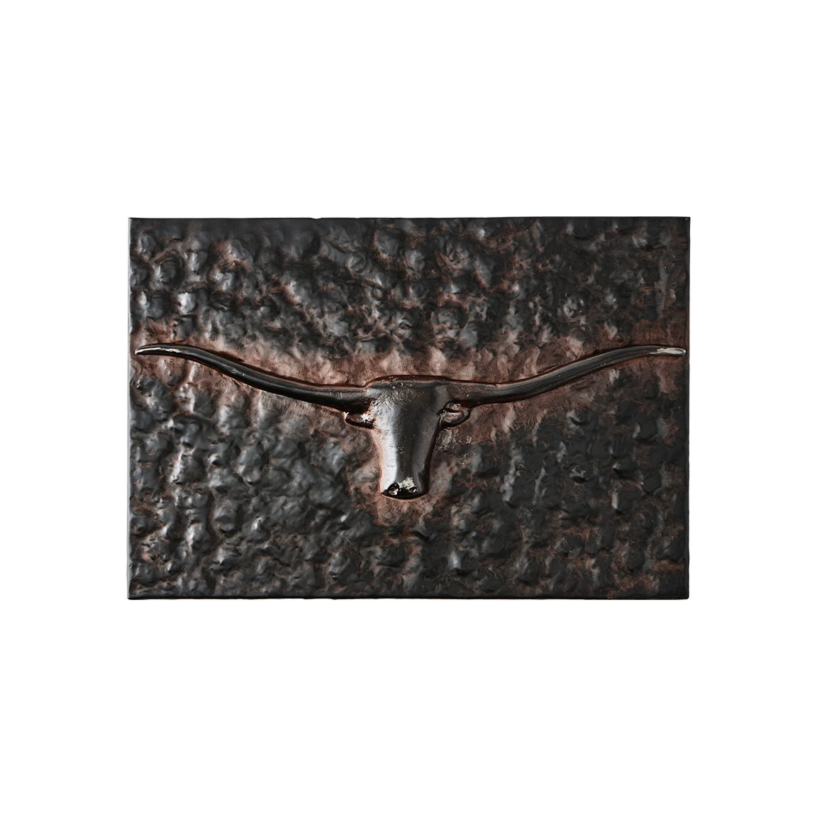 A hammered iron box with a  iron longhorn figure on top.  Top view.