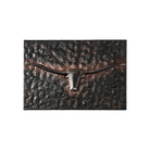 A hammered iron box with a  iron longhorn figure on top.  Top view.