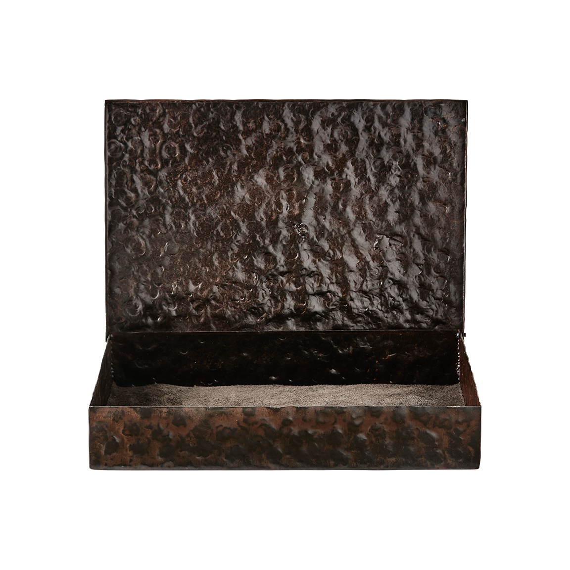 A hammered iron open box.