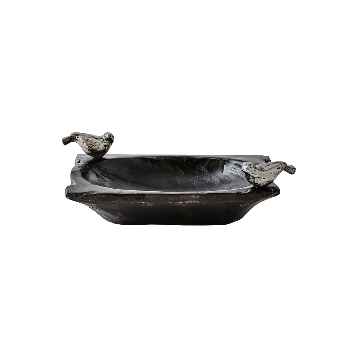 Hand carved small rectangular primitive wood bowl with two cast iron birds.