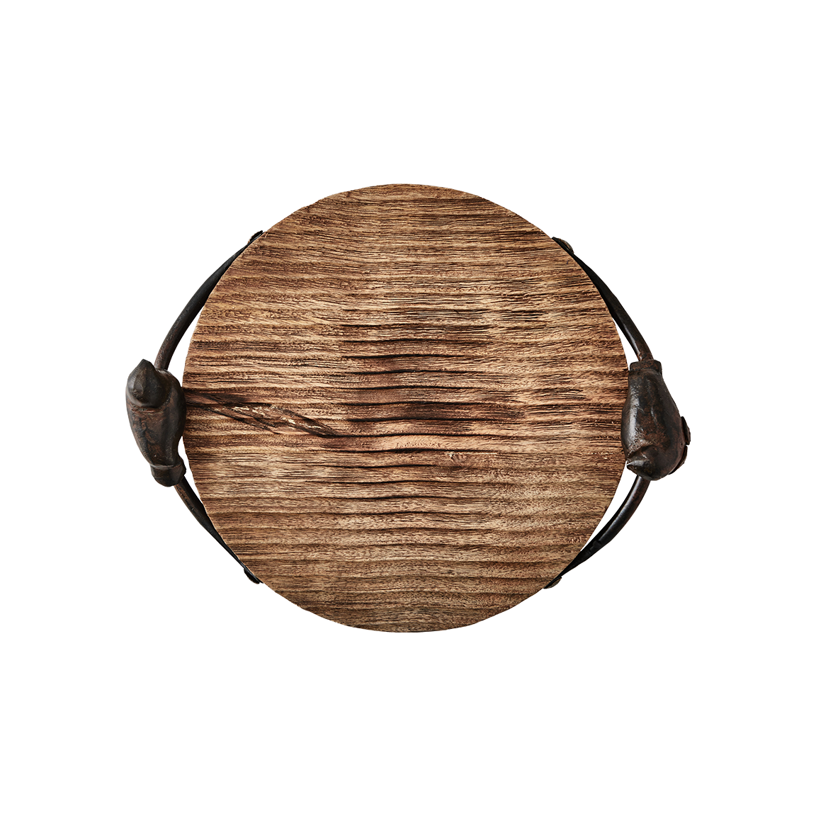 A rough-hewn round cutting board with cast iron bird handles from top view.