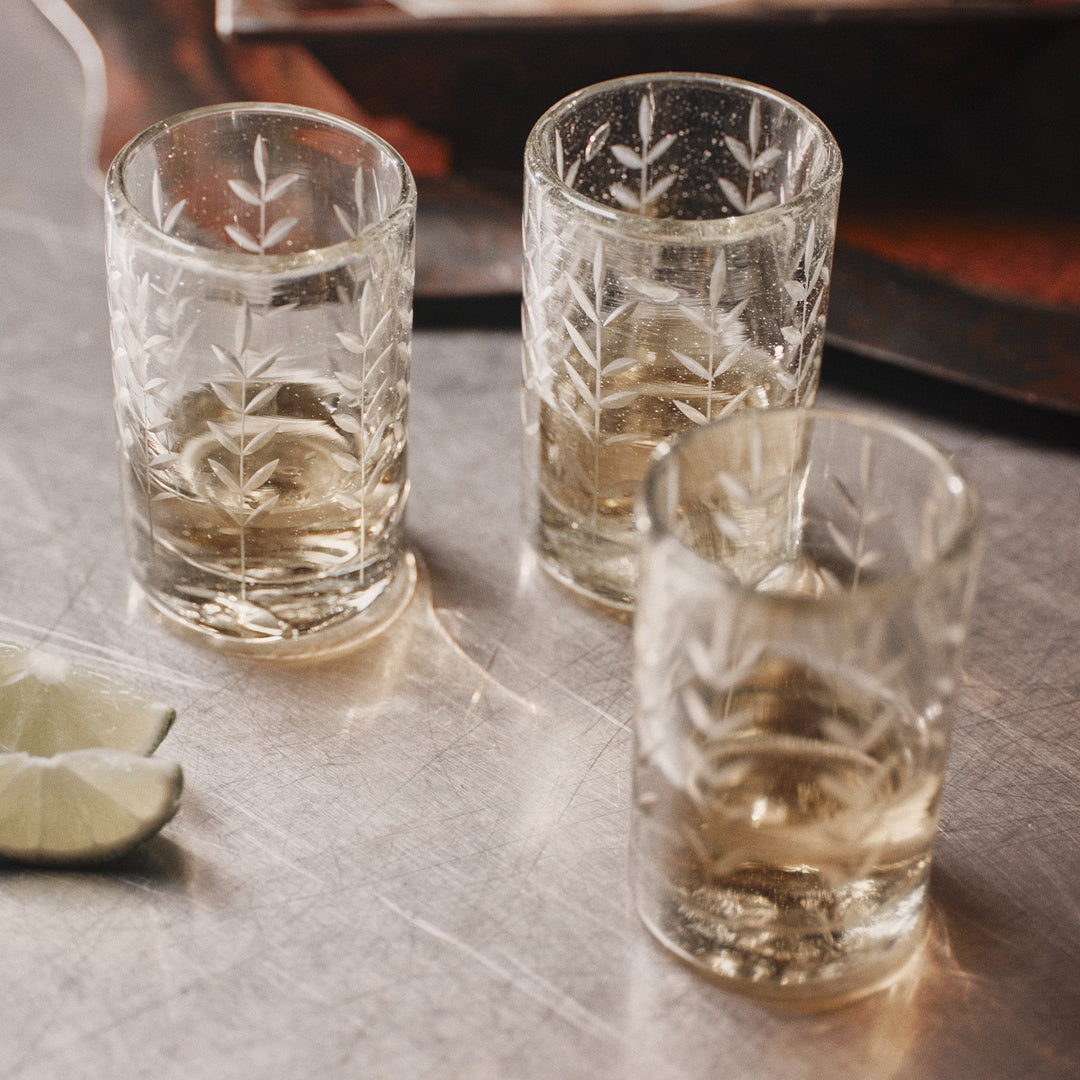 Three small mouth blown glasses with vertical laurel branches. Next to them is a chopped lime. On top of a grey surface.