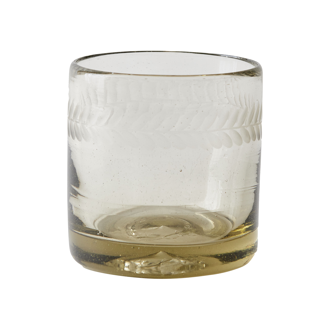 A mouth blown bourbon glass with a laurel engraving.
