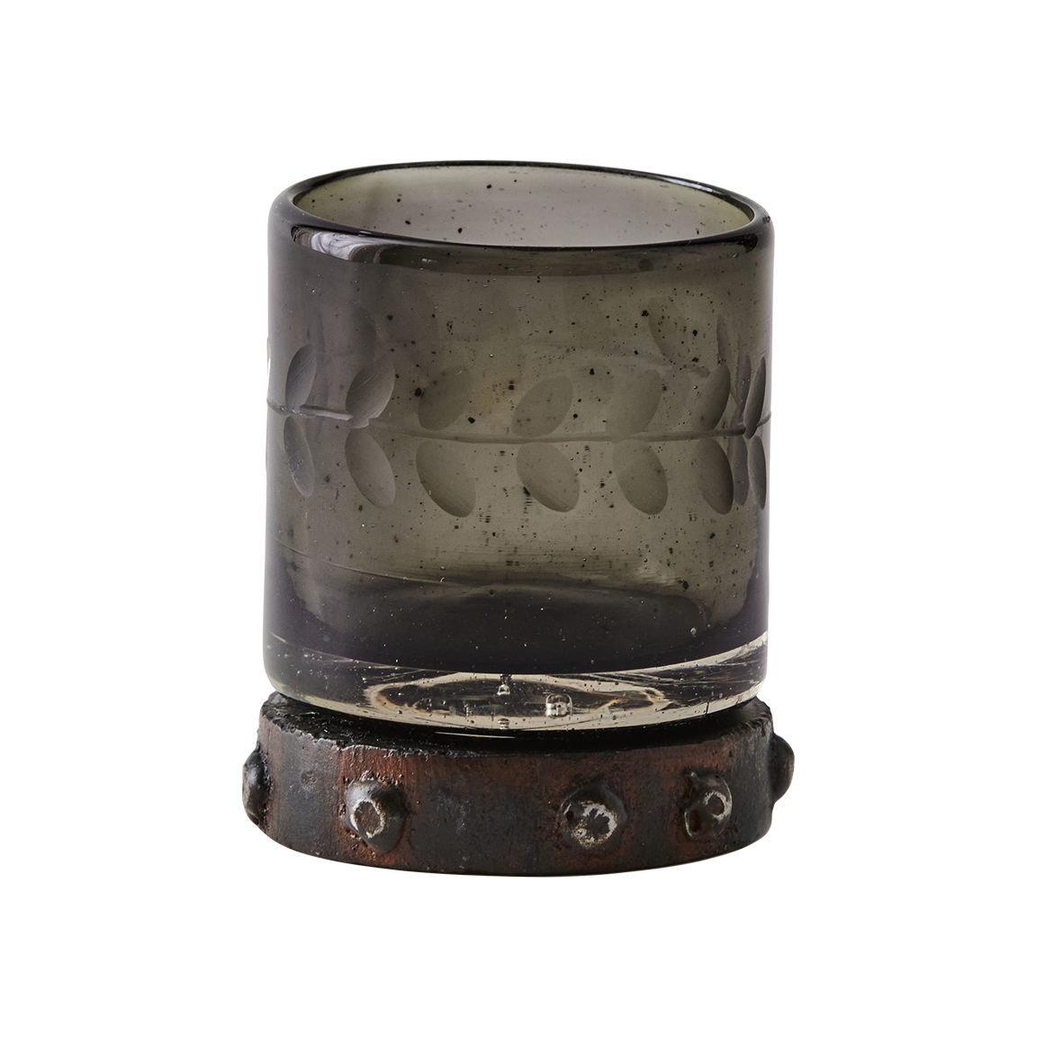 A mouth blown and engraved smoke colored shot glass with beaded iron base.