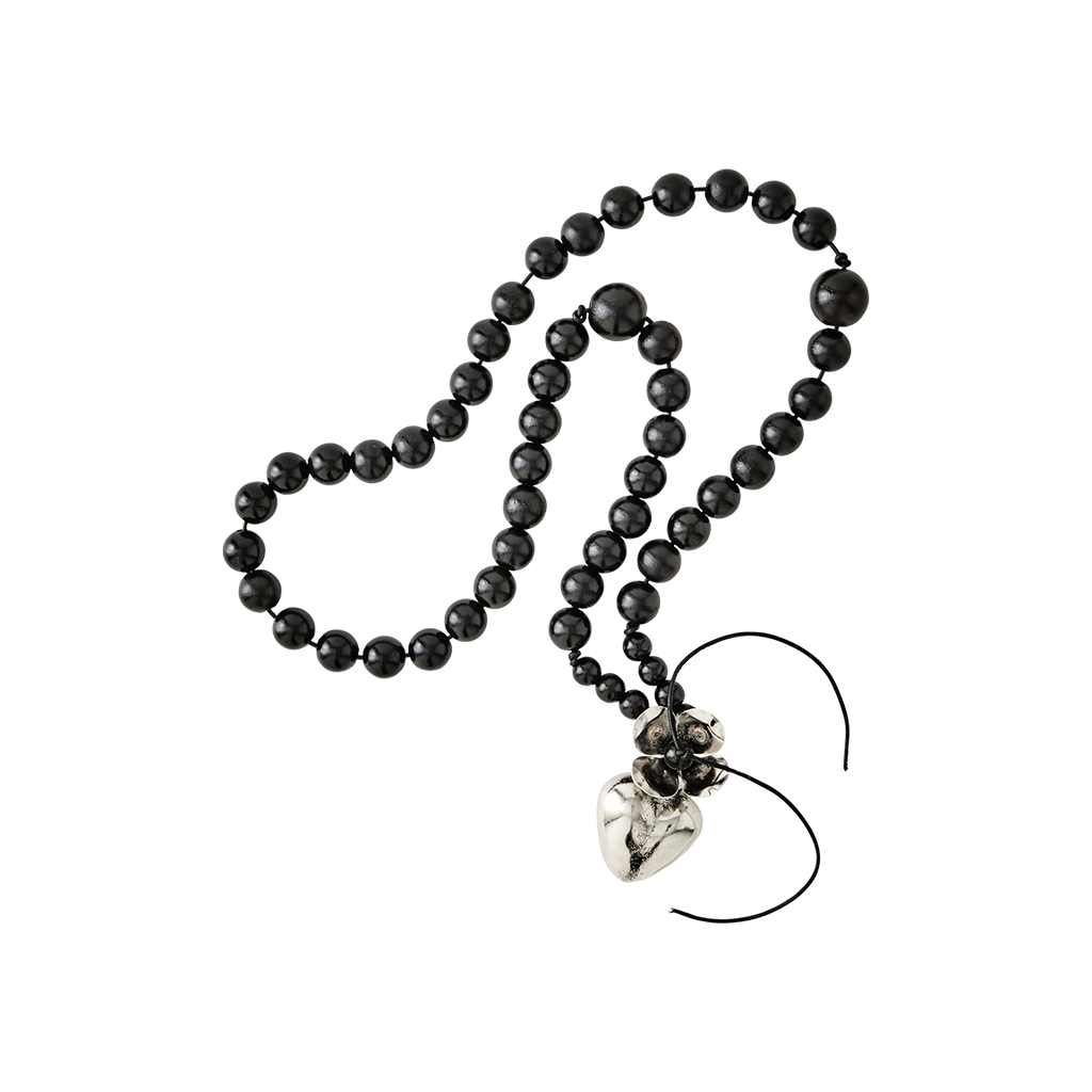 Black wood blessing beads with German nickel-plated wax cast iron heart and a flower. 