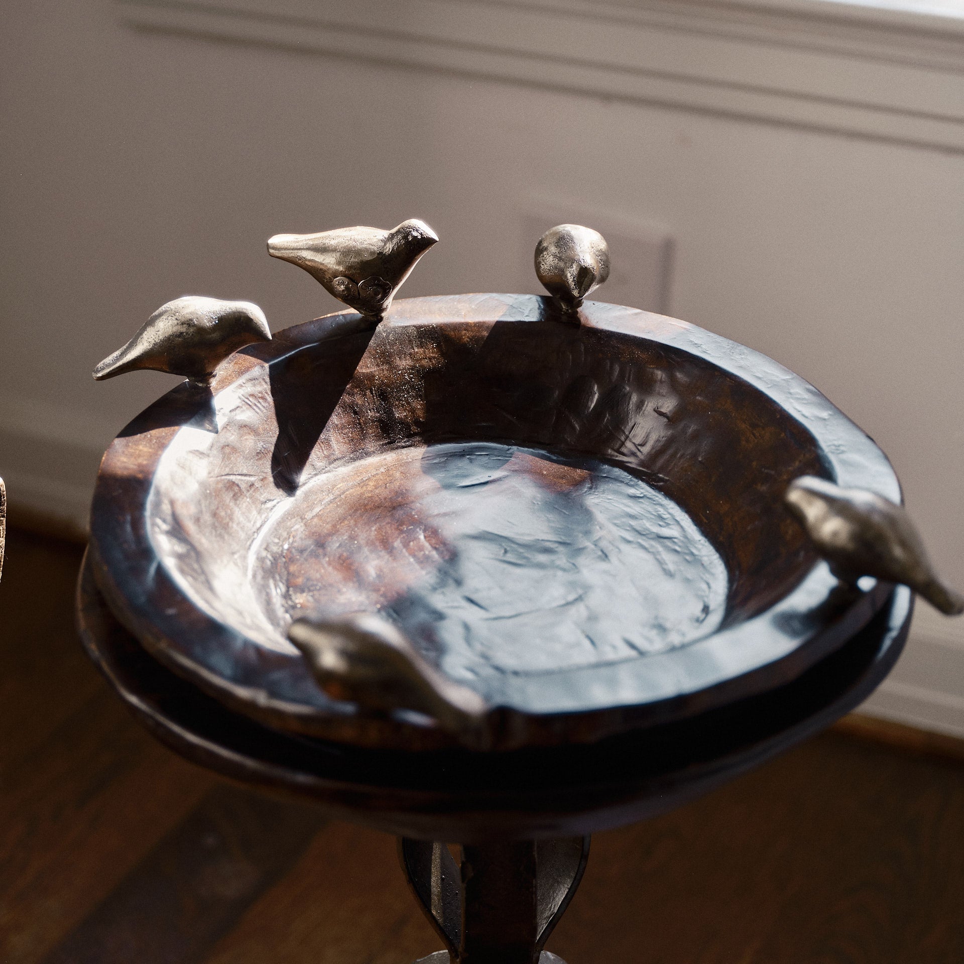 Hand carved 16" primitive wood bowl with five wax cast iron birds